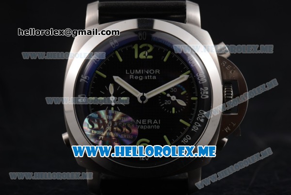 Panerai Luminor 1950 Chrono Flyback PAM 331 Swiss Valjoux 7750 Automatic Steel Case with Black Dial and Black Leather Strap Dot/Arabic Numeral Markers - Click Image to Close