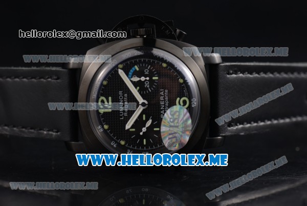 Panerai Luminor 1950 Chrono Flyback PAM 332 Swiss Valjoux 7750 Automatic PVD Case with Black Dial and Black Leather Strap Dot/Arabic Numeral Markers - Click Image to Close