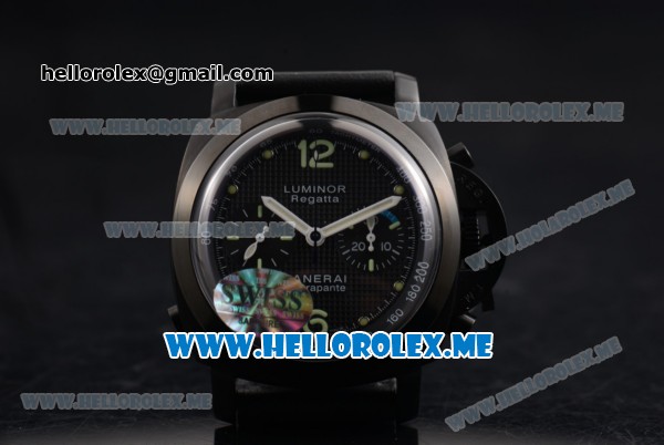 Panerai Luminor 1950 Chrono Flyback PAM 332 Swiss Valjoux 7750 Automatic PVD Case with Black Dial and Black Leather Strap Dot/Arabic Numeral Markers - Click Image to Close