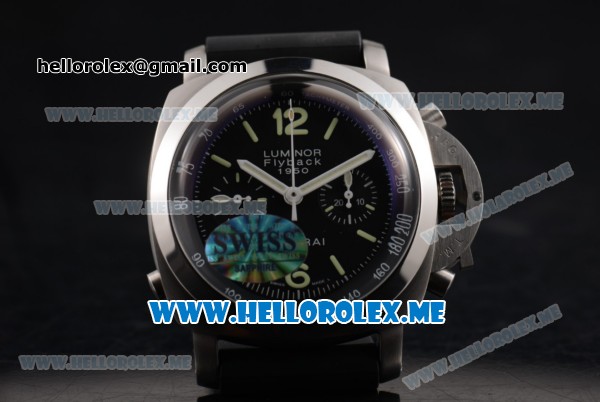 Panerai Luminor 1950 Chrono Flyback PAM 212 Swiss Valjoux 7750 Automatic Steel Case with Black Dial and Black Rubber Strap Stick/Arabic Numeral Markers - Click Image to Close