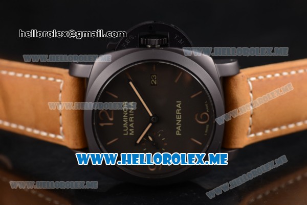 Panerai Luminor Marina 1950 3 Days PAM 386 Clone P.9000 Automatic Ceramic Case with Brown Dial and Brown Leather Strap Stick/Arabic Numeral Markers - Click Image to Close