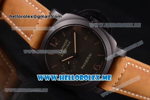 Panerai Luminor Marina 1950 3 Days PAM 386 Clone P.9000 Automatic Ceramic Case with Brown Dial and Brown Leather Strap Stick/Arabic Numeral Markers - Click Image to Close
