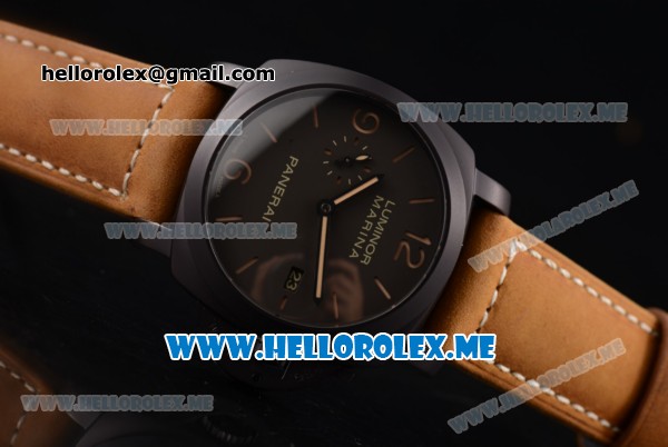 Panerai Luminor Marina 1950 3 Days PAM 386 Clone P.9000 Automatic Ceramic Case with Brown Dial and Brown Leather Strap Stick/Arabic Numeral Markers - Click Image to Close