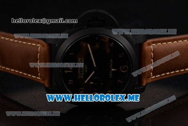 Panerai Luminor 1950 3 Days GMT PAM 441 Clone P.9001 Automatic Ceramic Case with Black Dial and Brown Leather Strap Arabic Numeral Markers - Click Image to Close