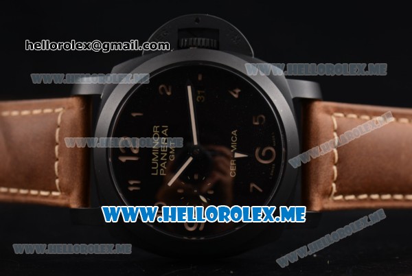 Panerai Luminor 1950 3 Days GMT PAM 441 Clone P.9001 Automatic Ceramic Case with Black Dial and Brown Leather Strap Arabic Numeral Markers - Click Image to Close