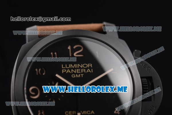 Panerai Luminor 1950 3 Days GMT PAM 441 Clone P.9001 Automatic Ceramic Case with Black Dial and Brown Leather Strap Arabic Numeral Markers - Click Image to Close