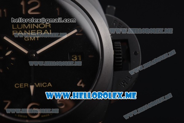 Panerai Luminor 1950 3 Days GMT PAM 441 Clone P.9001 Automatic Ceramic Case with Black Dial and Brown Leather Strap Arabic Numeral Markers - Click Image to Close
