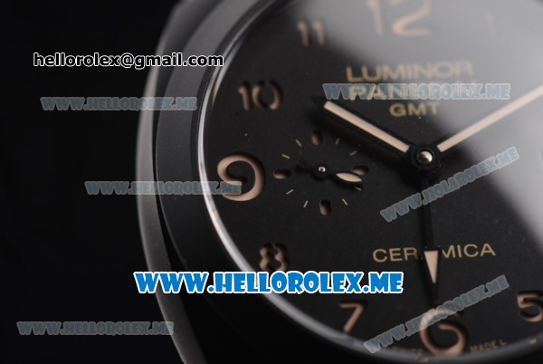 Panerai Luminor 1950 3 Days GMT PAM 441 Clone P.9001 Automatic Ceramic Case with Black Dial and Brown Leather Strap Arabic Numeral Markers - Click Image to Close