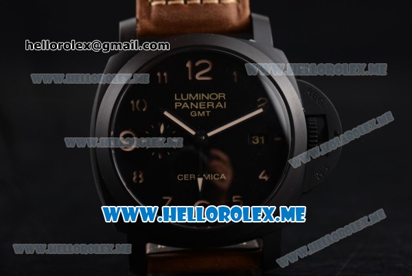 Panerai Luminor 1950 3 Days GMT PAM 441 Clone P.9001 Automatic Ceramic Case with Black Dial and Brown Leather Strap Arabic Numeral Markers - Click Image to Close