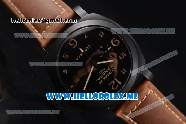 Panerai Luminor 1950 3 Days GMT PAM 441 Clone P.9001 Automatic Ceramic Case with Black Dial and Brown Leather Strap Arabic Numeral Markers - Click Image to Close