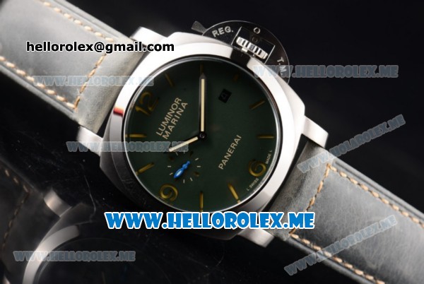 Panerai Luminor Marina 1950 3 Days PAM 033 Asia ST25 Automatic Steel Case with Green Dial and Grey Leather Strap Stick/Arabic Numeral Markers - Click Image to Close