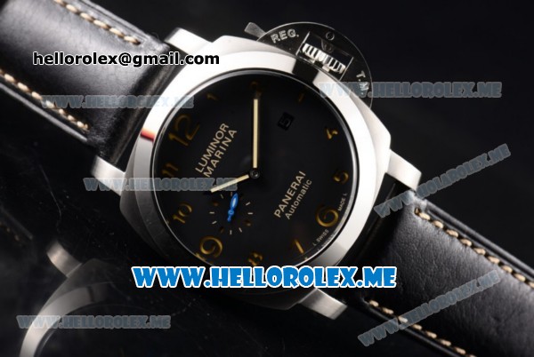 Panerai Luminor Marina 1950 3 Days PAM 312 Asia ST25 Automatic Steel Case with Black Dial and Black Leather Strap Stick/Arabic Numeral Markers - Click Image to Close