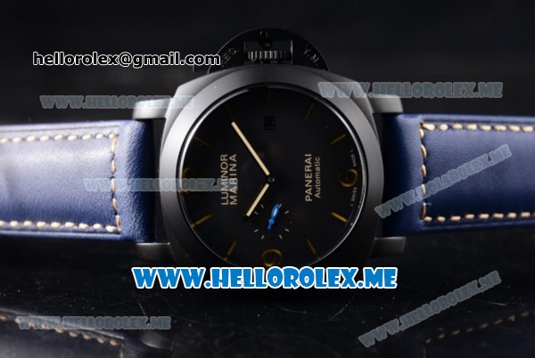 Panerai Luminor Marina 1950 3 Days PAM00394 Asia ST25 Automatic PVD Case with Black Dial and Blue Leather Strap Stick/Arabic Numeral Markers - Click Image to Close