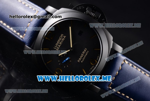 Panerai Luminor Marina 1950 3 Days PAM00394 Asia ST25 Automatic PVD Case with Black Dial and Blue Leather Strap Stick/Arabic Numeral Markers - Click Image to Close