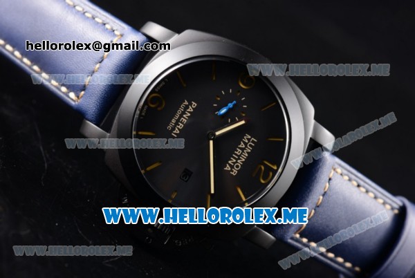 Panerai Luminor Marina 1950 3 Days PAM00394 Asia ST25 Automatic PVD Case with Black Dial and Blue Leather Strap Stick/Arabic Numeral Markers - Click Image to Close