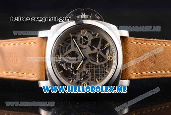 Panerai Luminor 1950 Tourbillon GMT PAM00578 Asia ST22 Manual Winding Steel Case with Skeleton Dial and Brown Leather Strap Stick/Arabic Numeral Markers - Click Image to Close