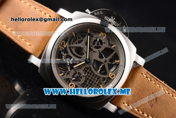 Panerai Luminor 1950 Tourbillon GMT PAM00578 Asia ST22 Manual Winding Steel Case with Skeleton Dial and Brown Leather Strap Stick/Arabic Numeral Markers - Click Image to Close