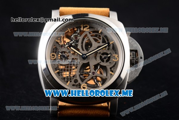 Panerai Luminor 1950 Tourbillon GMT PAM00578 Asia ST22 Manual Winding Steel Case with Skeleton Dial and Brown Leather Strap Stick/Arabic Numeral Markers - Click Image to Close