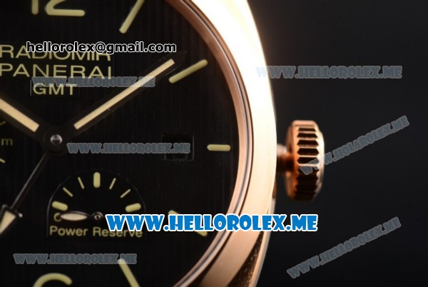 Panerai Radiomir 1940 3 Days GMT Power Reserve PAM00664 Asia ST25 Automatic Rose Gold Case with Black Dial and Brown Leather Strap Stick/Arabic Numeral Markers - Click Image to Close