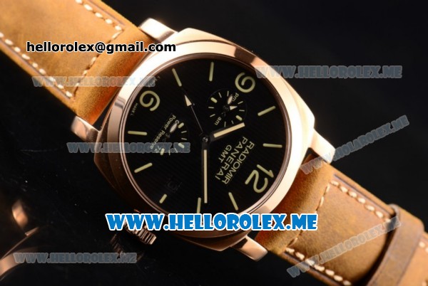 Panerai Radiomir 1940 3 Days GMT Power Reserve PAM00664 Asia ST25 Automatic Rose Gold Case with Black Dial and Brown Leather Strap Stick/Arabic Numeral Markers - Click Image to Close