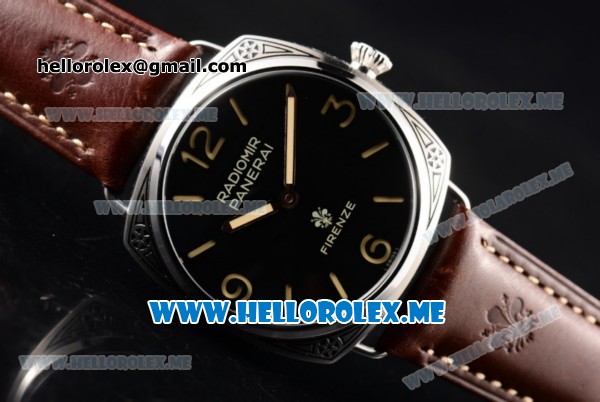 Panerai Radiomir Firenze 3 Days PAM604 Asia Manual Winding Steel Case with Black Dial and Brown Leather Strap Stick/Arabic Numeral Markers - Click Image to Close