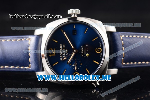 Panerai Radiomir 1940 10 Days GMT Automatic PAM00689 Asia ST25 Automatic Steel Case with Blue Dial and Blue Leather Strap Stick/Arabic Numeral Markers - Click Image to Close