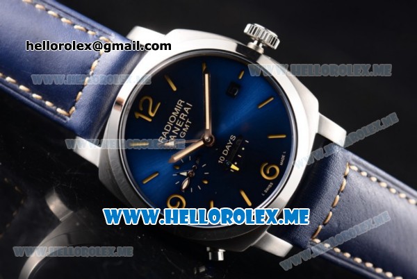 Panerai Radiomir 1940 10 Days GMT Automatic PAM00689 Asia ST25 Automatic Steel Case with Blue Dial and Blue Leather Strap Stick/Arabic Numeral Markers - Click Image to Close