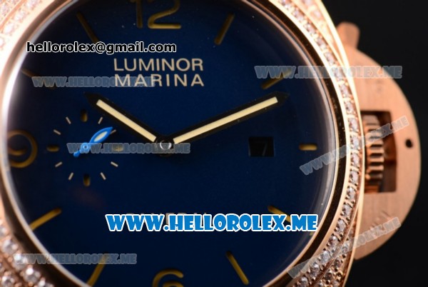 Panerai Luminor Marina 1950 3 Days Automatic PAM 313 Asia ST25 Automatic Rose Gold Case with Blue Dial and Blue Leather Strap Diamonds Bezel - Click Image to Close