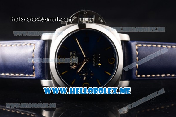 Panerai Radiomir 1940 10 Days GMT Automatic PAM00689 Asia ST25 Automatic Steel Case with Blue Dial and Stick/Arabic Numeral Markers Blue Leather Strap - Click Image to Close