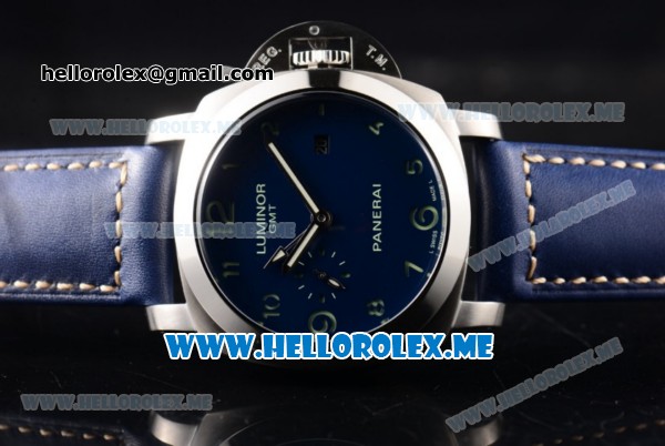 Panerai Luminor GMT PAM437 Asia ST25 Automatic Steel Case with Blue Dial and Blue Leather Strap Arabic Numeral Markers - Click Image to Close