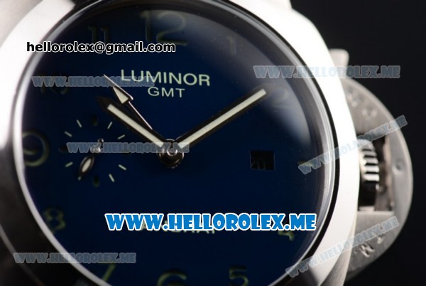 Panerai Luminor GMT PAM437 Asia ST25 Automatic Steel Case with Blue Dial and Blue Leather Strap Arabic Numeral Markers - Click Image to Close