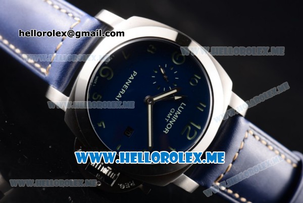 Panerai Luminor GMT PAM437 Asia ST25 Automatic Steel Case with Blue Dial and Blue Leather Strap Arabic Numeral Markers - Click Image to Close