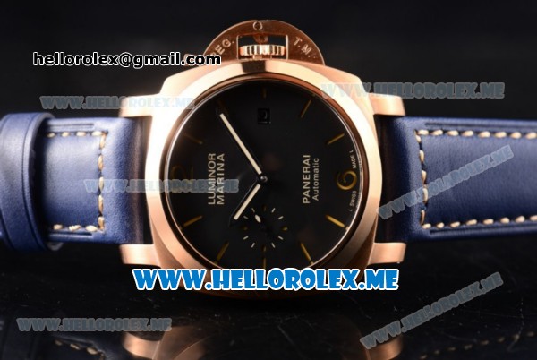 Panerai Luminor Marina 1950 3 Days Automatic PAM00359R Asia ST25 Automatic Rose Gold Case with Black Dial and Stick/Arabic Numeral Markers Blue Leather Strap - Click Image to Close