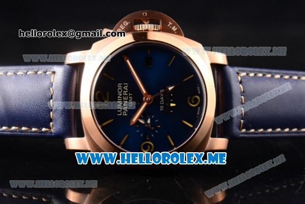 Panerai Luminor 1950 10 Days GMT PAM00689 Asia ST25 Automatic Rose Gold Case with Blue Dial and Stick/Arabic Numeral Markers Blue Leather Strap - Click Image to Close