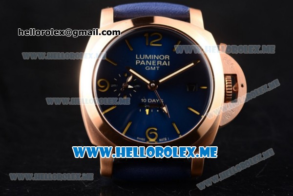 Panerai Luminor 1950 10 Days GMT PAM00689 Asia ST25 Automatic Rose Gold Case with Blue Dial and Stick/Arabic Numeral Markers Blue Leather Strap - Click Image to Close