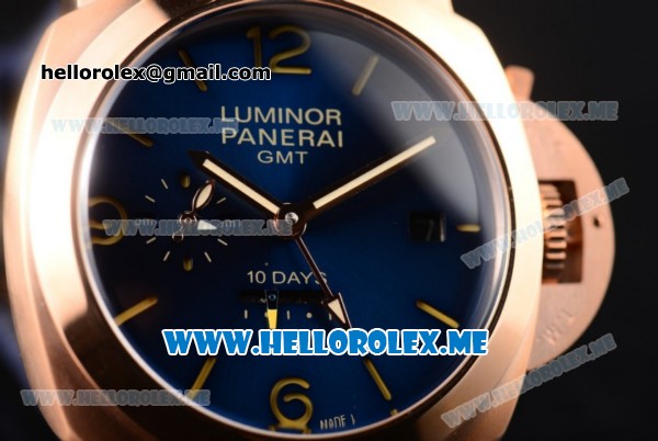 Panerai Luminor 1950 10 Days GMT PAM00689 Asia ST25 Automatic Rose Gold Case with Blue Dial and Stick/Arabic Numeral Markers Blue Leather Strap - Click Image to Close