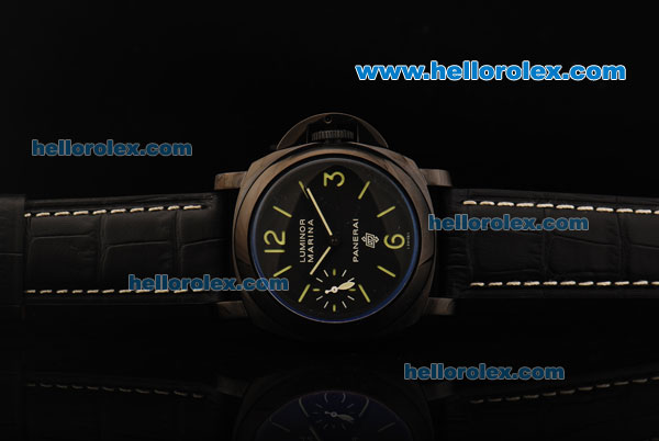 Panerai Luminor Marina Pam 005 Logo Unitas 6497 Movement Manual Winding Black Dial with Green Marking and Leather Strap - Click Image to Close