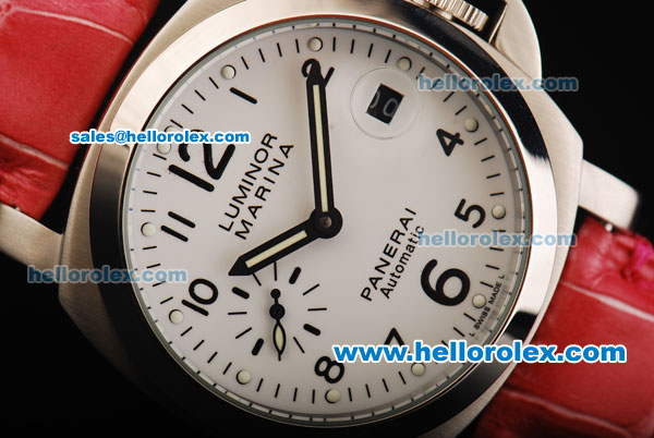 Panerai Luminor Marina Pam 049 Automatic Movement Steel Case with White Dial and Red Leather Strap-Lady Model - Click Image to Close