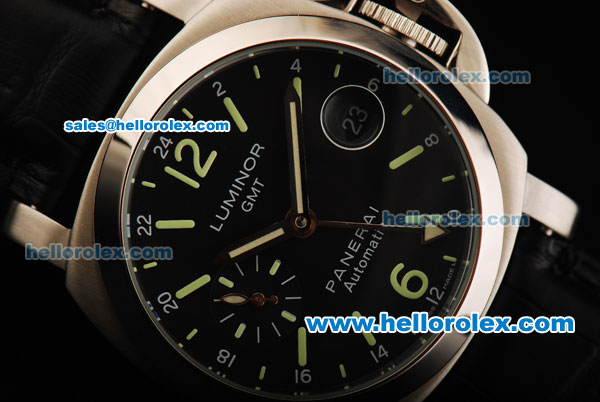 Panerai Luminor GMT Automatic Movement Black Dial with Green Markers and Black Leather Strap - Click Image to Close