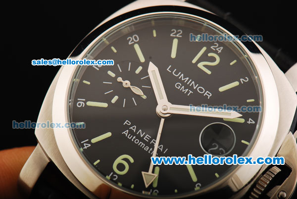 Panerai Luminor GMT Automatic Movement Black Dial with Green Markers and Black Leather Strap - Click Image to Close