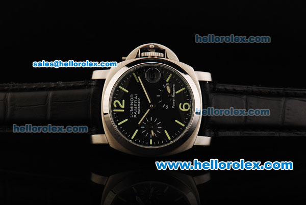 Panerai PAM 090 Luminor Power Reserve Automatic Movement Black Dial with Green Markers and Black Leather Strap - Click Image to Close