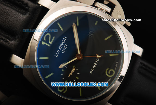 Panerai Luminor GMT Pam 320 Automatic Movement Steel Case with Black Dial and Black Leather Strap - Click Image to Close