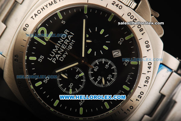 Panerai Luminor Daylight Pam 236 Chronograph Miyota Quartz Movement Full Steel with Black Dial and Green Markers - Click Image to Close