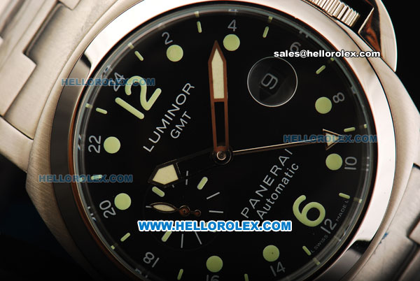 Panerai Luminor GMT Automatic Movement Full Steel with Black Dial and Green Dot Markers - Click Image to Close