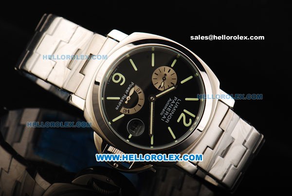 Panerai PAM 124 Luminor Power Reserve Automatic Movement Steel Case with Black Dial and Green Markers - Click Image to Close