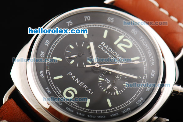 Panerai Radiomir Automatic Movement Black Dial with Steel Bezel and Brown Leather Strap - Click Image to Close