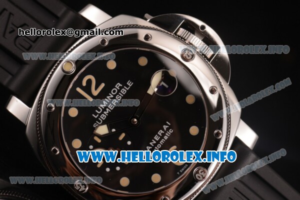 Panerai Luminor Submersible Automatic Acciaio PAM 024 Swiss Valjoux 7750 Automatic Steel Case with Black Dial and Rubber Strap - Dot/Arabic Numeral Markers (KW) - Click Image to Close