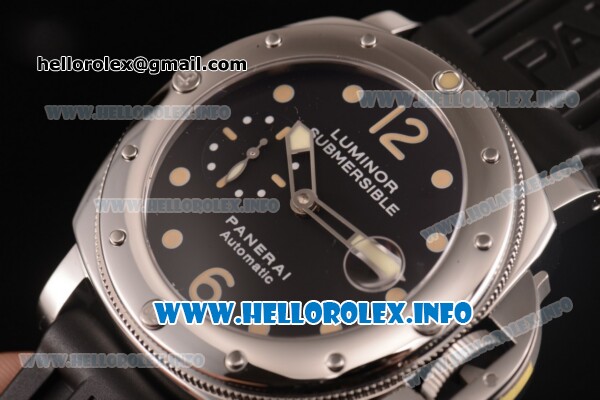 Panerai Luminor Submersible Automatic Acciaio PAM 024 Swiss Valjoux 7750 Automatic Steel Case with Black Dial and Rubber Strap - Dot/Arabic Numeral Markers (KW) - Click Image to Close