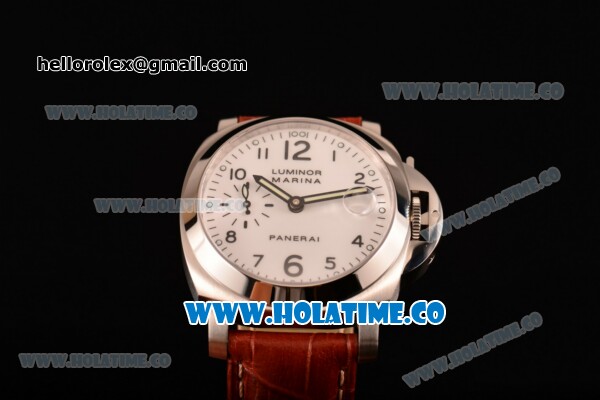 Panerai PAM 049 Luminor Marina Automatic Swiss Valjoux 7750 Automatic Steel Case with Brown Leather Strap and White Dial - Arabic Numeral Markers - 1:1 Original (KW) - Click Image to Close