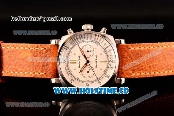 Panerai Radiomir 1940 Chronograph Platino PAM 518 Asia Automatic Steel Case with White Dial Dot Markers and Orange Leather Strap - Click Image to Close